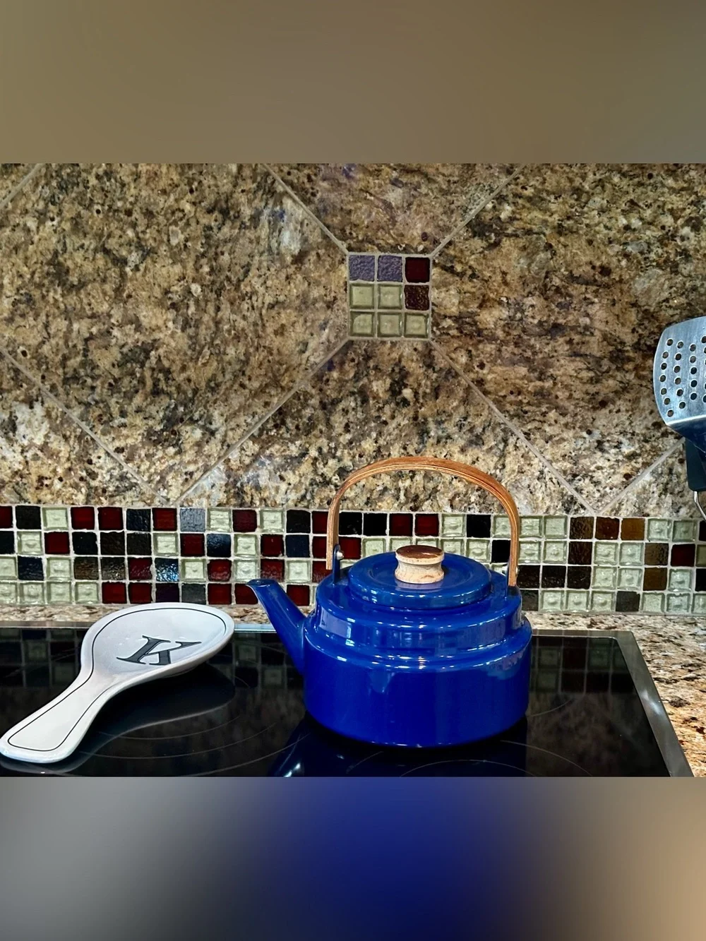 Cobalt Blue Tea Kettle with Teak handle and lid top. Danish Style Pre-owned
